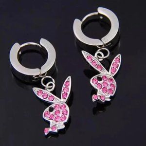 Cute Silver Pink Bunny Rabbit Rhinestone Earrings